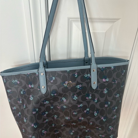 Coach Slate Blue & Floral Leather Tote - Picture 6 of 9